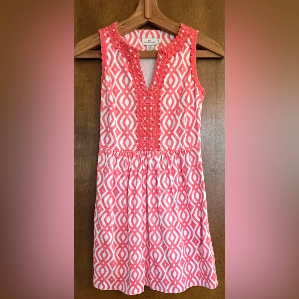 Vineyard Vines Coral Embroidered Eyelet Trim Lattice Geometric Print Dress Sz 6